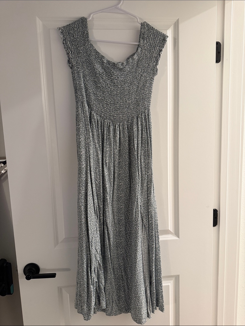 Off Shoulder Smocked Bodice Maxi Dress - Light Gray Floral